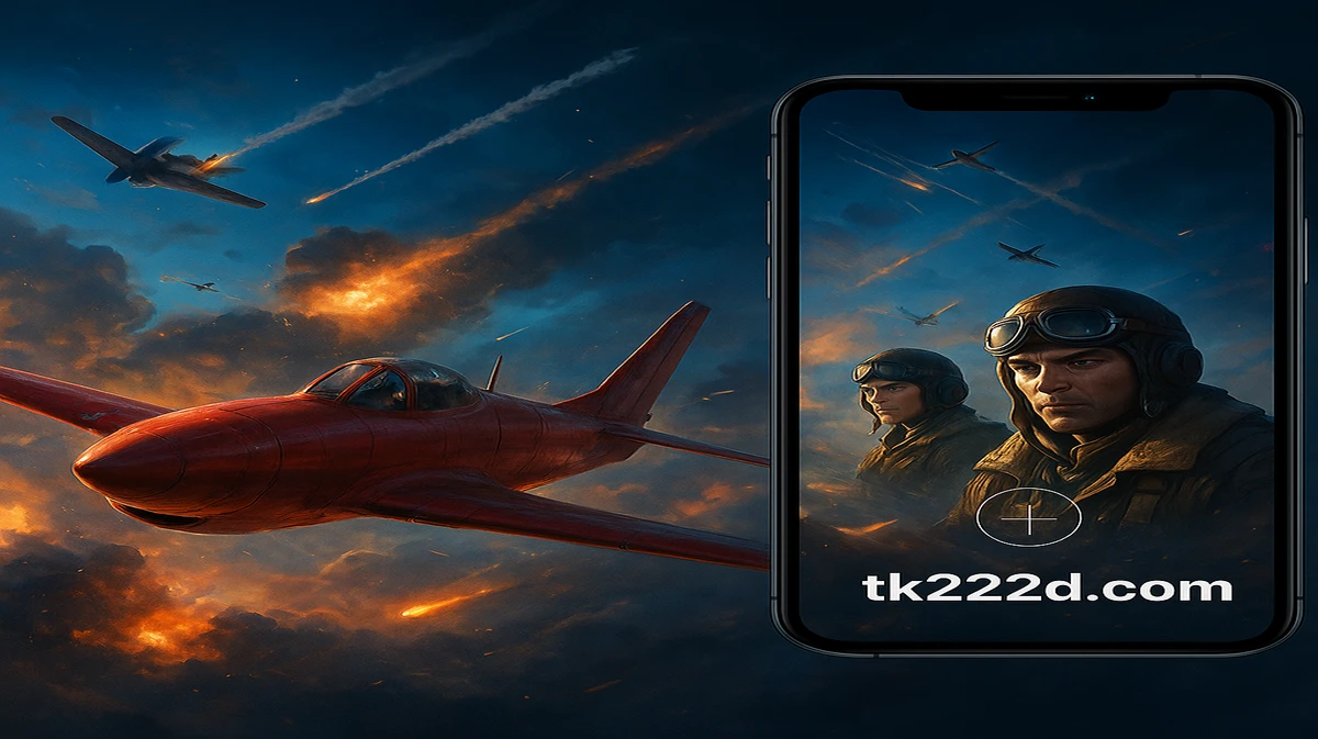 tk222 এ আভিয়েটর গেমের প্রচারণামূলক ছবি, যেখানে একটি লাল প্রপেলার বিমান বিস্ফোরণময় ভূখণ্ডের ওপর উড়ছে এবং ডানদিকে মোবাইল গেম ইন্টারফেসটি দেখা যাচ্ছে।
