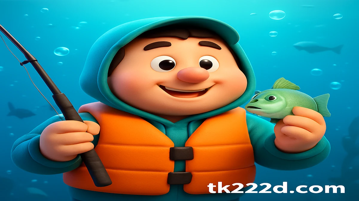 tk222-এ উপলব্ধ Big Bass মাছধরা-থিমা-গেমটির কার্টুন চরিত্রটি পানির নীচে একটি মাছ এবং একটি মাছ ধরার ছিপ গর্বের সঙ্গে ধরে আছে।
