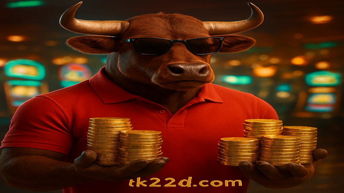 tk222-র ফোর্টুন অক্স গেমটির শক্তিশালী মূর্তি, সানগ্লাস পরা একটি কুল ষাঁড়, প্রাণবন্ত গেমিং প্ল্যাটফর্ম-পরিবেশে সোনা-মুদ্রার স্তূপ ধরে দাঁড়িয়ে আছে।