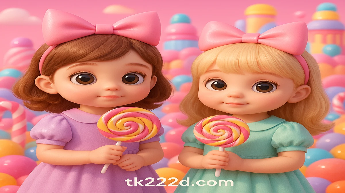 tk222-এ জনপ্রিয় সুইট বোনানজা গেমটির প্রতিনিধিত্বকারী, সোনালি ও কমলা চুলের দুটো মিষ্টি অ্যানিমে-স্টাইল মেয়ে রঙিন ক্যান্ডি-ল্যান্ডে ললিপপ ধরে দাঁড়িয়ে আছে।